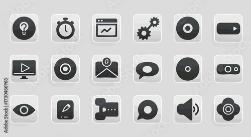 Collection of web icons in a flat design style, including a clock, gear, and more