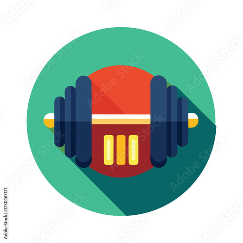 Icon representing a fitness barbell with red and black weights and yellow accents within a vibrant green circle signifying strength and active lifestyle. vector