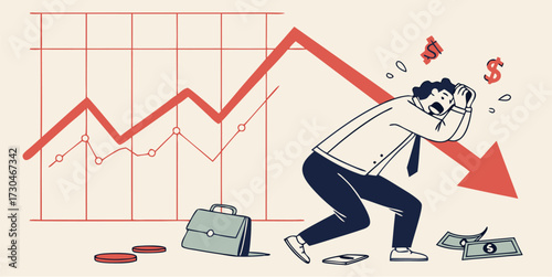 Stressed businessman faces falling profits, financial losses and economic downturn