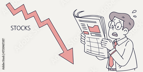 Worried investor seeing stock market crash in newspaper, financial crisis illustration
