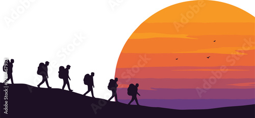 Hikers trekking towards stunning sunset with vibrant colors, symbolizing adventure, travel, and exploration in nature's beauty