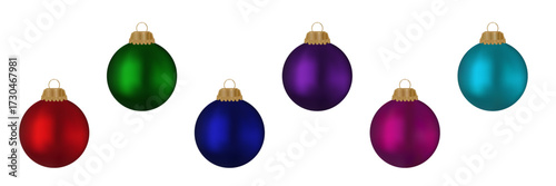 Set glossy Christmas ornaments featuring a range of bright colors. The decorations enhance the festive atmosphere during the holiday season. Holiday design elements isolated on white background. 