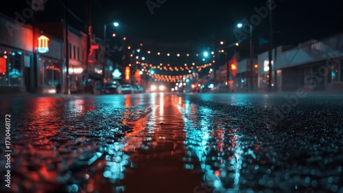 Night street scene with reflections illuminated by colorful lights