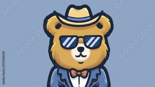 Cartoon bear character wearing hat and sunglasses against solid background