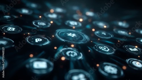 Digital interface with glowing icons representing technology and data
