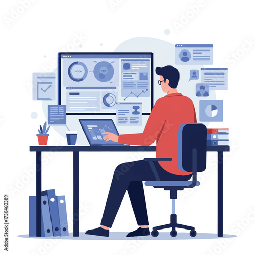 A focused businessman efficiently manages multiple tasks at a clean desk with a laptop and digital dashboard on a large screen, depicted in a vibrant 2D flat vector illustration.