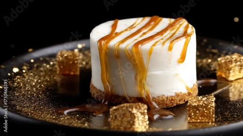 Delectable dessert with caramel drizzle and golden glitter for culinary content