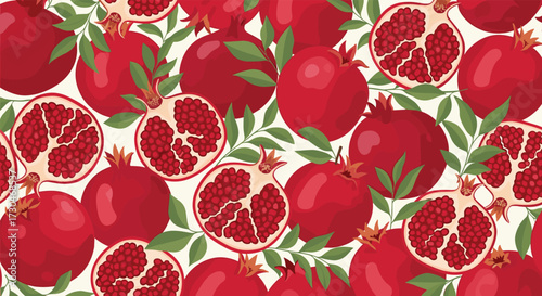 A vibrant and juicy background pattern showcasing numerous ripe pomegranates and lush green leaves.