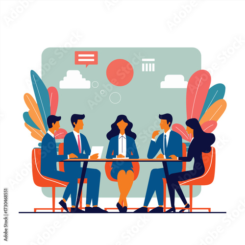 Business executives sitting at a meeting table reviewing project reports with teamwork.