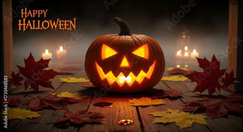 A realistic Halloween greeting card with a carved pumpkin glowing in the dark on a porch with autumn leaves scattered around. Soft candlelight and fog in the background, moody and atmospheric.