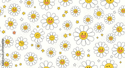 A cheerful pattern of smiling daisies with a white background.