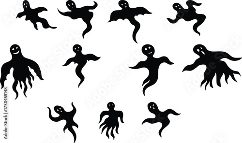 Set of halloween silhouettes black character. Vector illustration. Isolated on white background