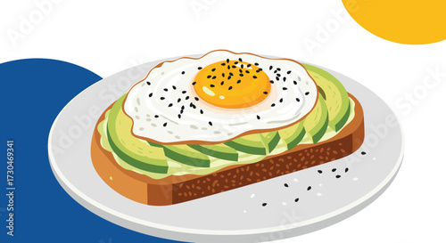 A delicious open faced toast with sliced avocado and a fried egg on top.
