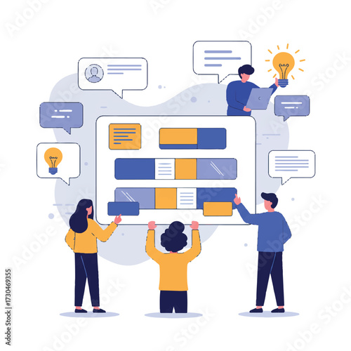 Vibrant 2D flat vector illustration of a diverse team collaborating on an interactive kanban board, moving task cards and exchanging ideas via colorful speech bubbles.