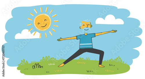 Senior man practicing yoga in a sunny outdoor meadow, embracing a healthy and active lifestyle