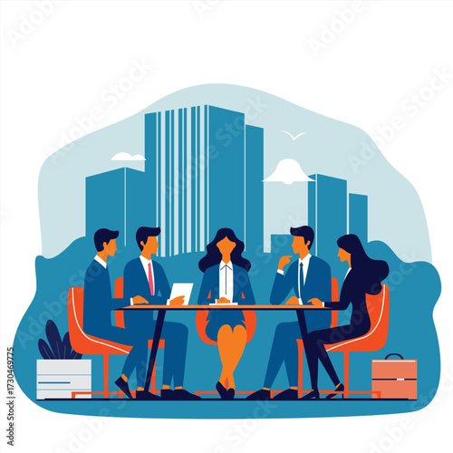 Business group sitting outdoors with skyscrapers in the background, symbolizing corporate success.