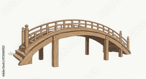 Low-angle view of a minimalist Zen-style Japanese wooden bridge in watercolor style illustration isolated on white background