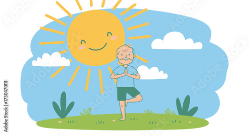Cheerful senior practices yoga outdoors under the sun, enjoying a healthy lifestyle and exercise