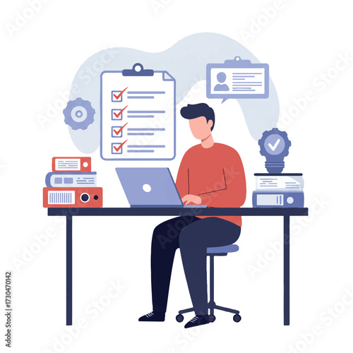 A productive person, immersed in work on a laptop at a neat desk with organized files and a completed checklist, is depicted in a vibrant 2D flat vector illustration.