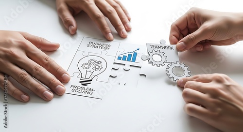 Professionals actively engage in collaborative strategic planning, piecing together intricate solutions for business growth and efficient team synergy, symbolizing innovation and collective success