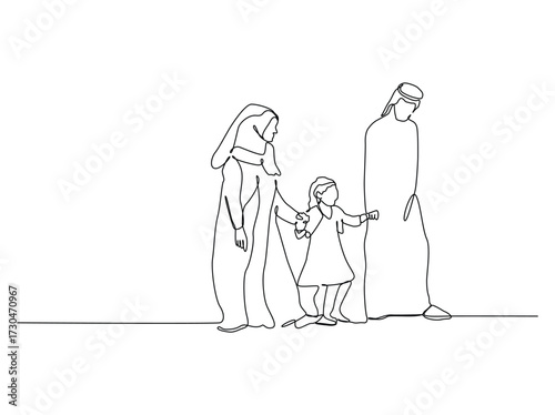 Arabian family mom, dad and daughter walking together. Islamic Muslim happy family parenting concept. Continuous One line drawing of a Muslim family.