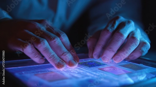 First-Person View of Hands Verifying Check Under UV Light for Security Features