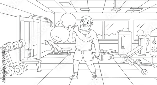 Illustration of an Energetic Senior Man Lifting a Kettlebell During a Workout in a Modern Fitness Center, Emphasizing Health and Vitality Through Active Lifestyle