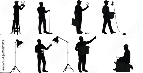 Electrician worker silhouettes installing light bulbs, carrying tools, adjusting studio lamps, repairing equipment, maintenance technician vector illustration for stock content