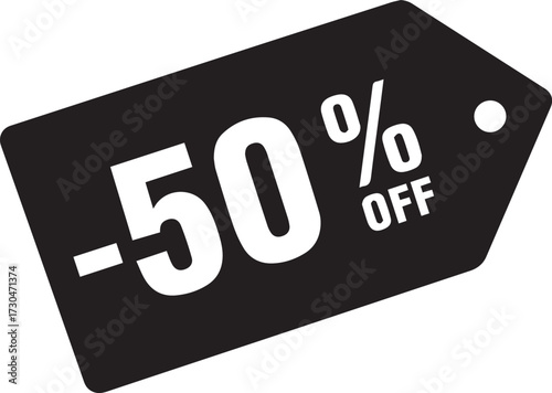 Get 50% off now with this bold black and white sale tag, perfect for advertising discounts and promotions!