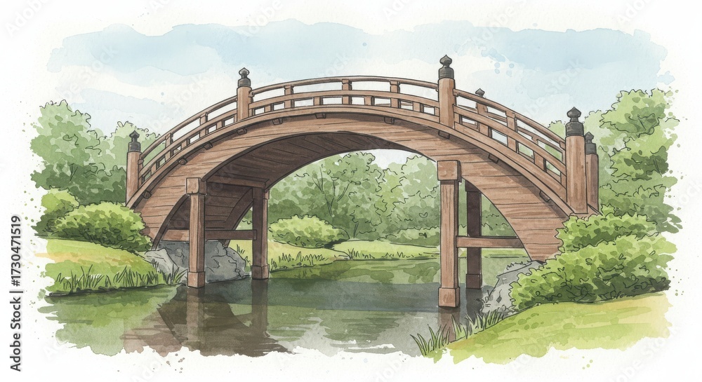 Fototapeta premium Curved Japanese garden bridge with wooden planks over a stream surrounded by trees and natural scenery with water reflections