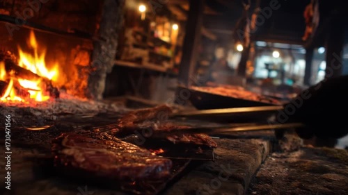 Cooking meat over fire in rustic kitchen with warm lighting
