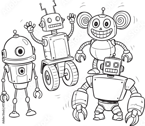 Playful Group of Five Cartoon Robots Line Art