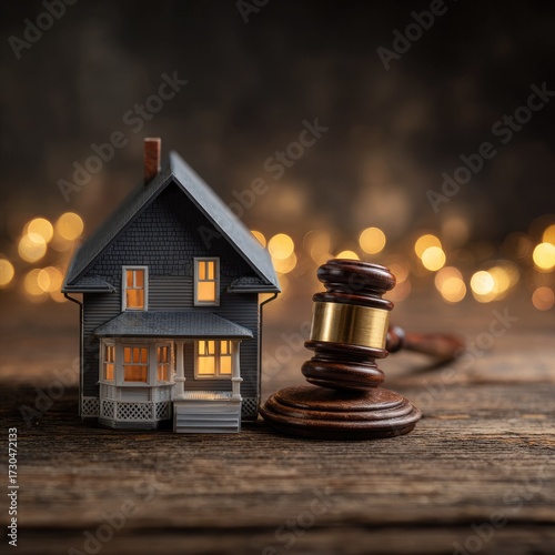 Miniature house and gavel on wooden table representing property law