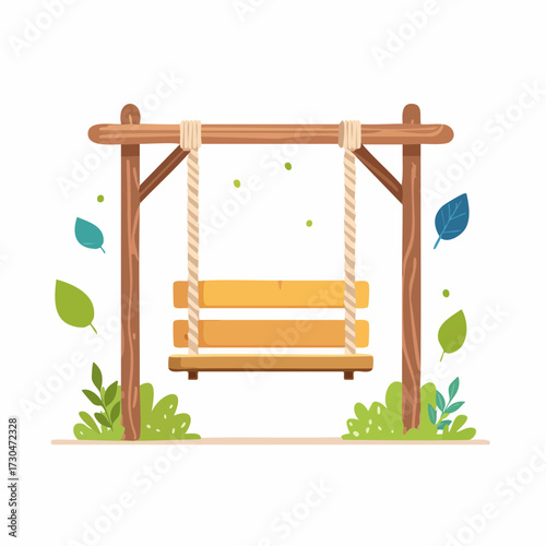 Wooden swing seat hanging from a frame with green leaves and foliage, perfect for outdoor relaxation and play