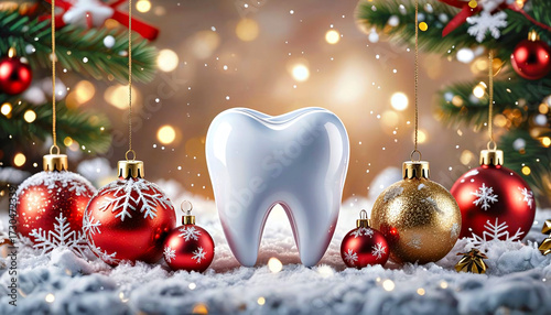 Festive image featuring a large white tooth among red and gold Christmas ornaments on a snowy backdrop.