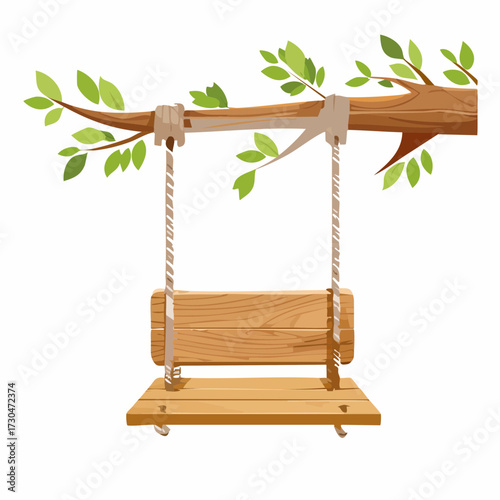 Charming wooden swing hanging from a leafy tree branch, evoking childhood memories and outdoor leisure