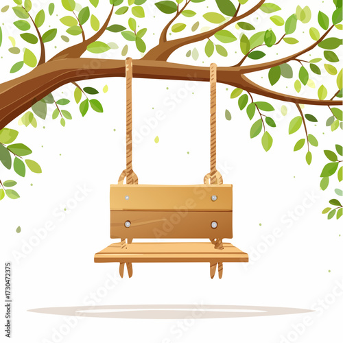 Serene Wooden Swing Hanging from a Branch Amidst Green Leaves