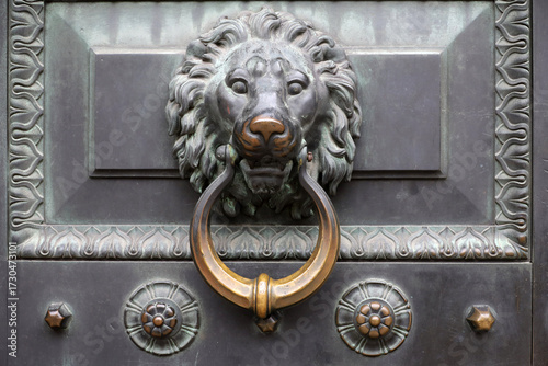 Old forged knocker ring in shape of lion head on a iron door