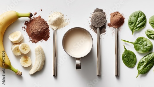 A top-down view displays various healthy ingredients arranged methodically on a white surface, including banana slices, cocoa powder, chia seeds, leafy greens, and a cup of creamy liquid.