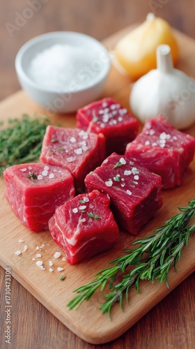 Freshly Cut Red Meat Cubes on a Wooden Butcher Block with Herbs and Spices