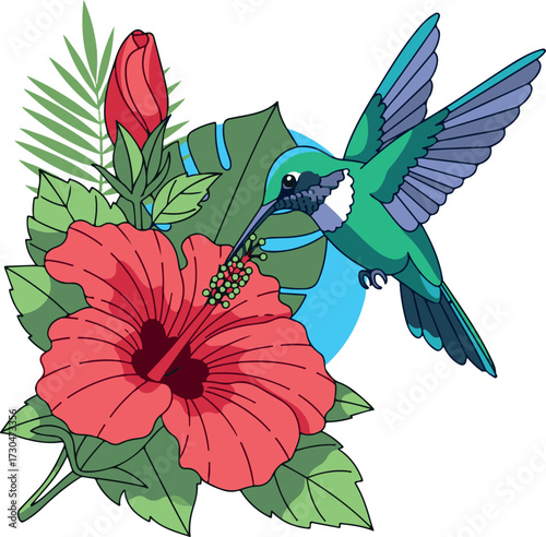 Vibrant Green Hummingbird Feeding on a Red Hibiscus Flower with Tropical Foliage