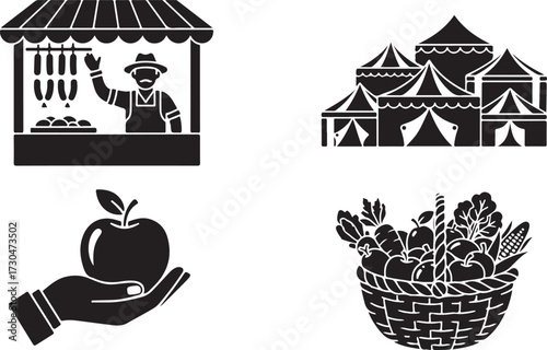 Farmers Market, Festival Tents, and Fresh Produce Silhouette Icons