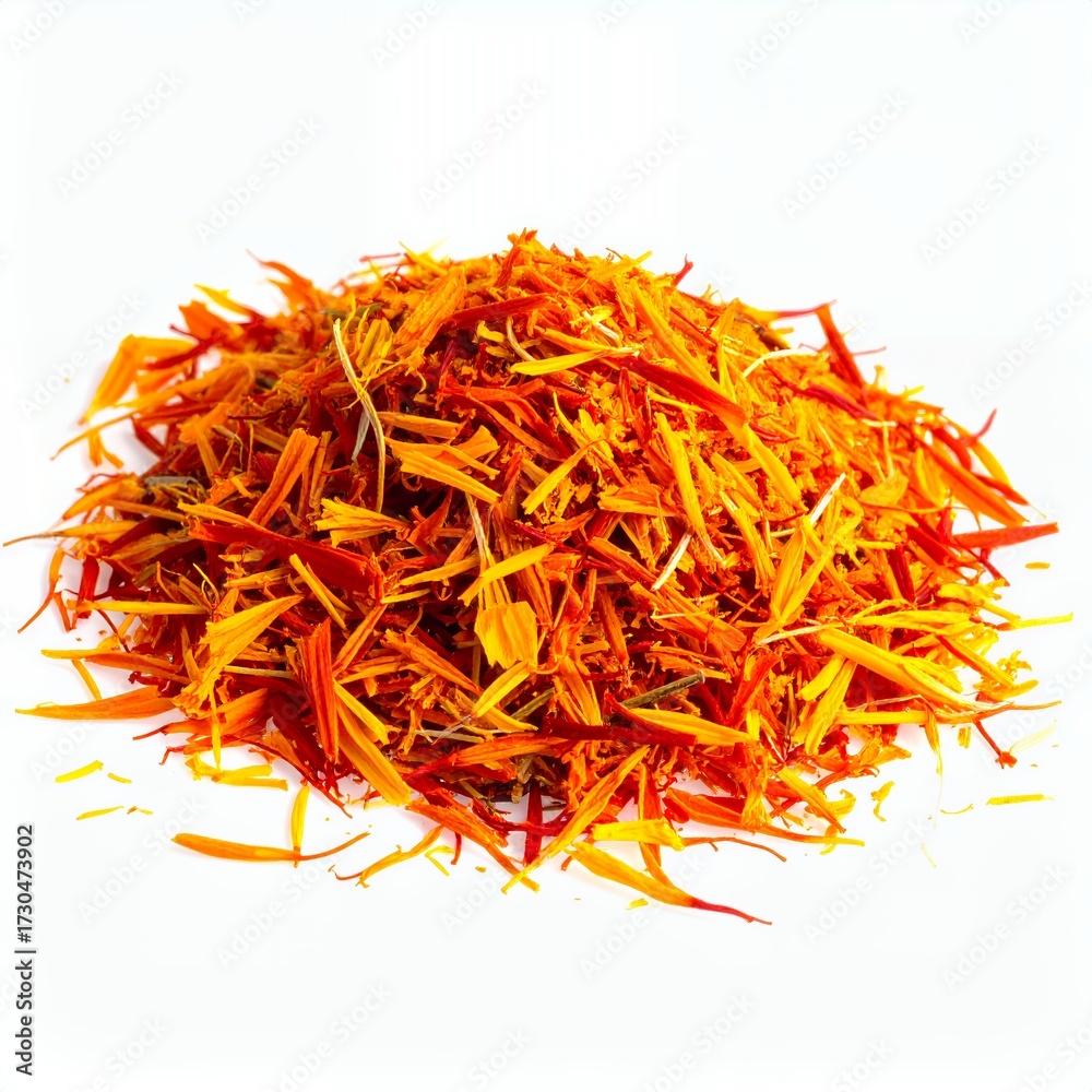 Fototapeta premium Pile of vibrant saffron threads displayed prominently on a clean white backdrop