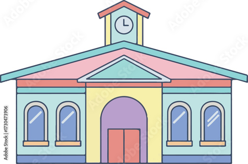 Colorful Cartoon Building with Clock Tower and Arched Windows
