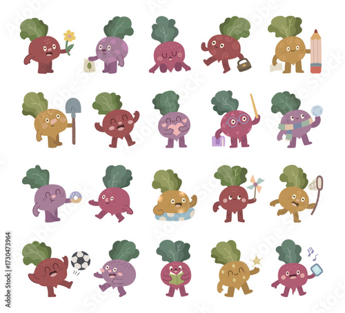 Beet character set in scandinavian style with different emotions poses activities holding flower, book, pointer, pencil, donut, snowball, handbag, smartphone and shovel