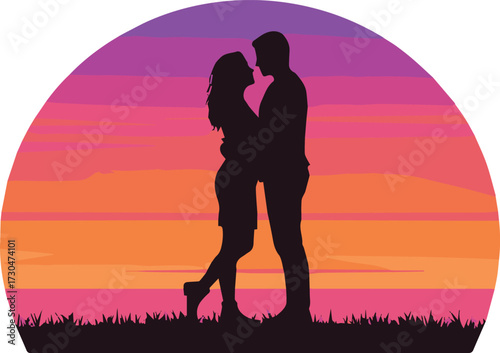 Romantic couple embracing during a vibrant sunset, silhouetted against a colorful sky and grassy field, embodying love and connection