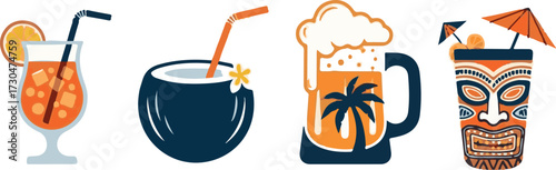 Tropical Summer Drinks Collection with Cocktails, Beer, and Tiki Mug Illustrations