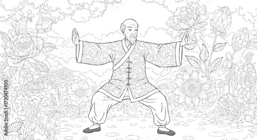Elderly Man Practicing Tai Chi in a Garden Setting, Surrounded by Blooming Flowers, Line Art