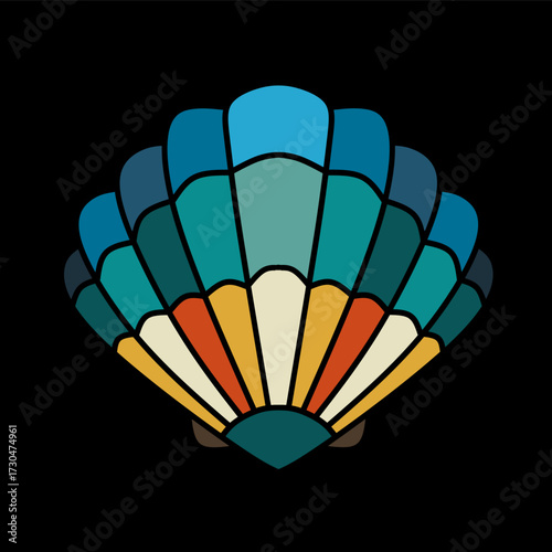 Colorful Feather Fan Pattern Art in Teal and Blue on Black Background