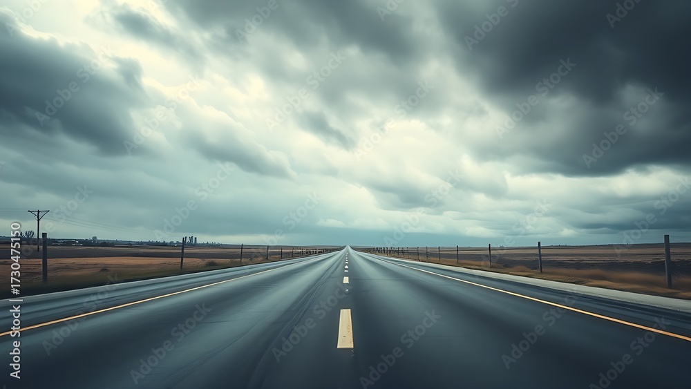 Fototapeta premium Moody overcast sky over an expansive empty roadway with atmospheric depth.